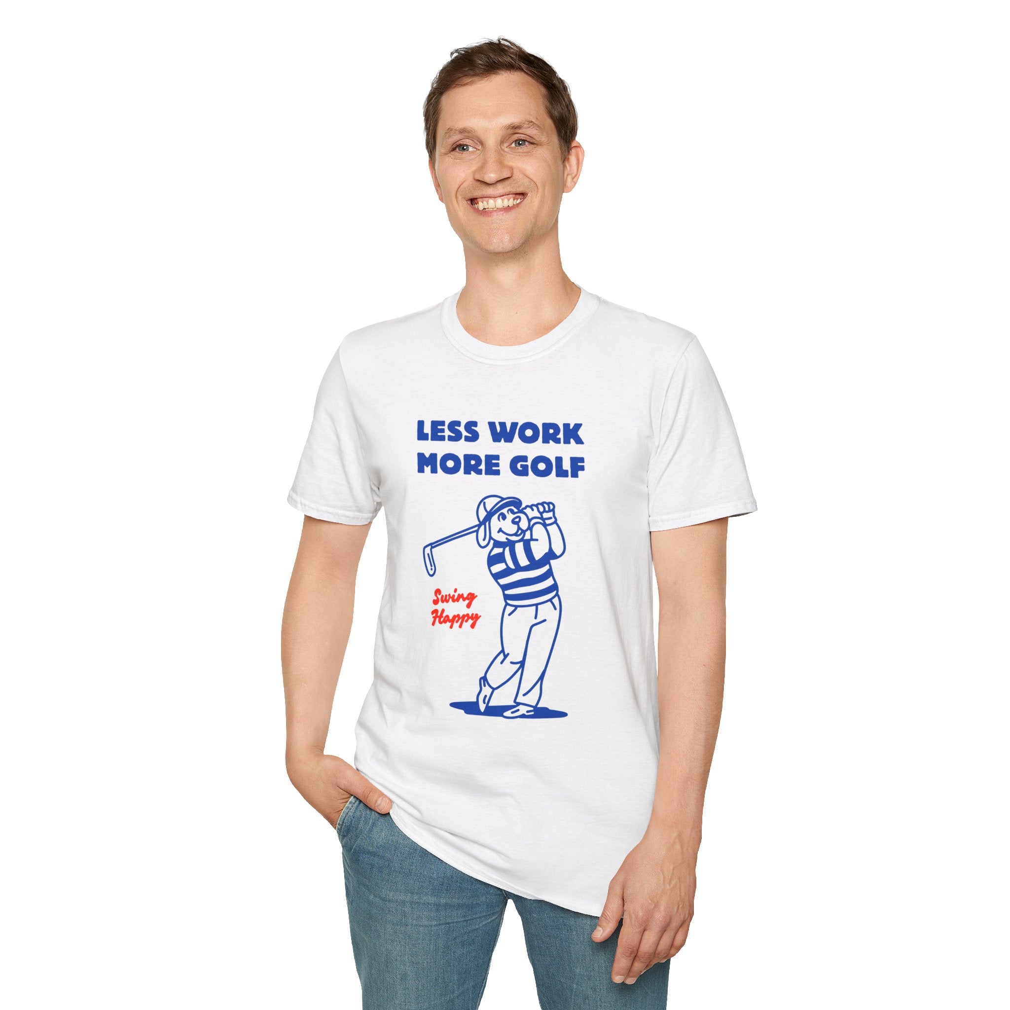 Golf T-Shirt — "Less Work More Golf" Retro Golfer Graphic Tee
