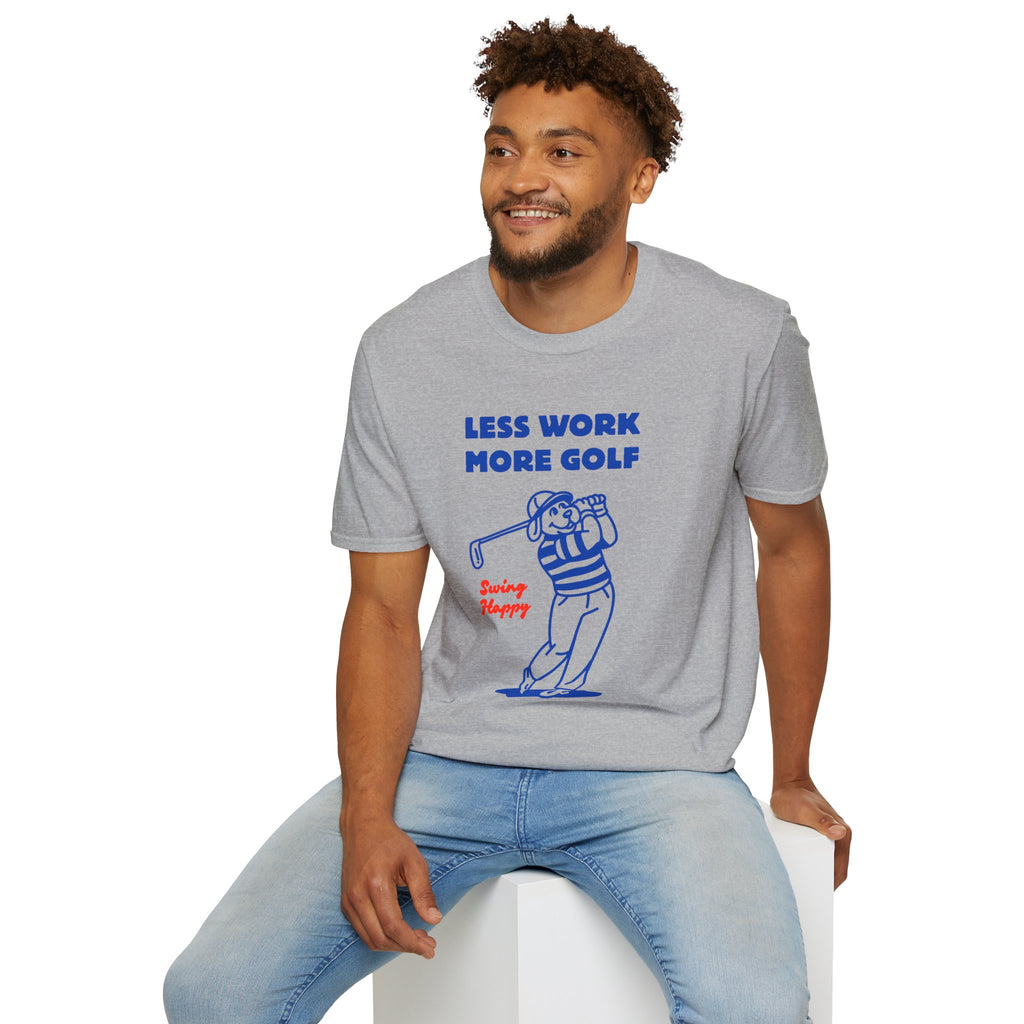 Golf T-Shirt — "Less Work More Golf" Retro Golfer Graphic Tee