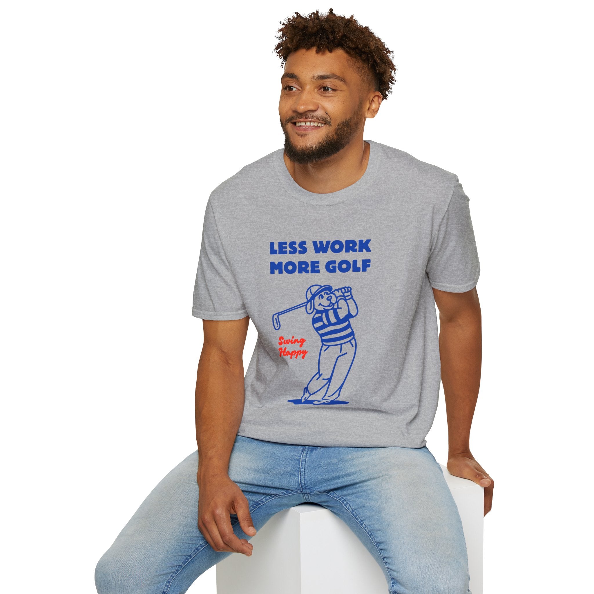 Golf T-Shirt — "Less Work More Golf" Retro Golfer Graphic Tee