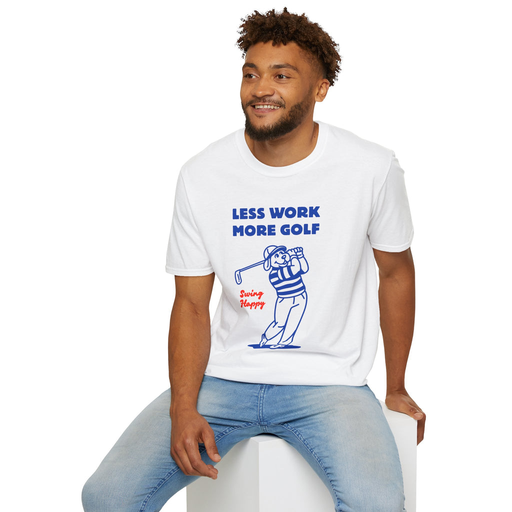 Golf T-Shirt — "Less Work More Golf" Retro Golfer Graphic Tee