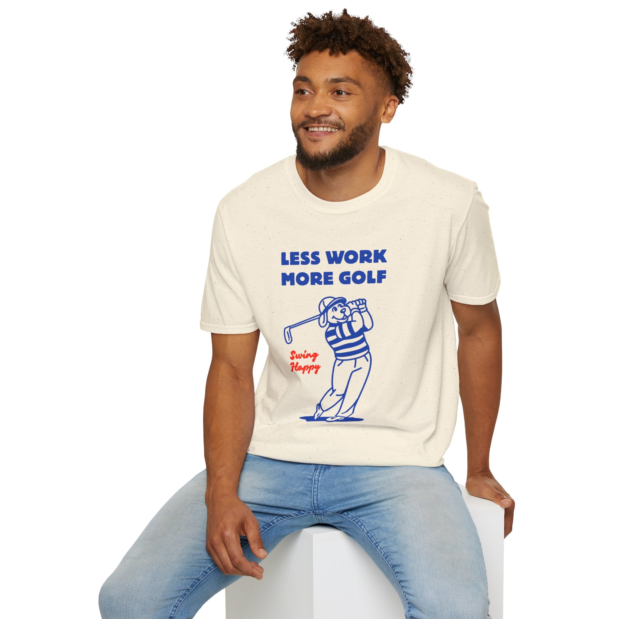 Golf T-Shirt — "Less Work More Golf" Retro Golfer Graphic Tee