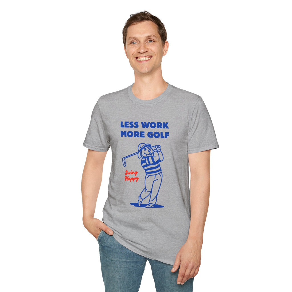 Golf T-Shirt — "Less Work More Golf" Retro Golfer Graphic Tee