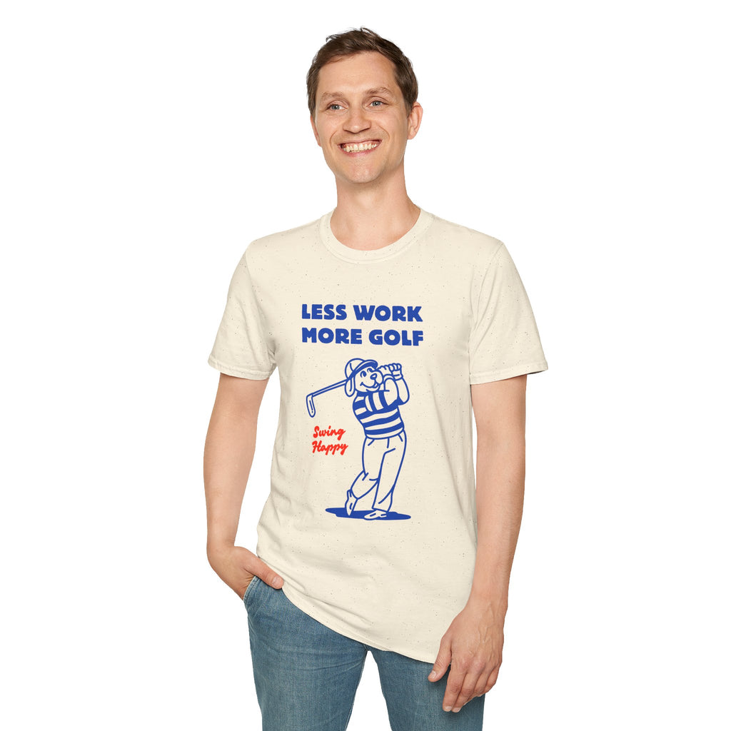 Golf T-Shirt — "Less Work More Golf" Retro Golfer Graphic Tee