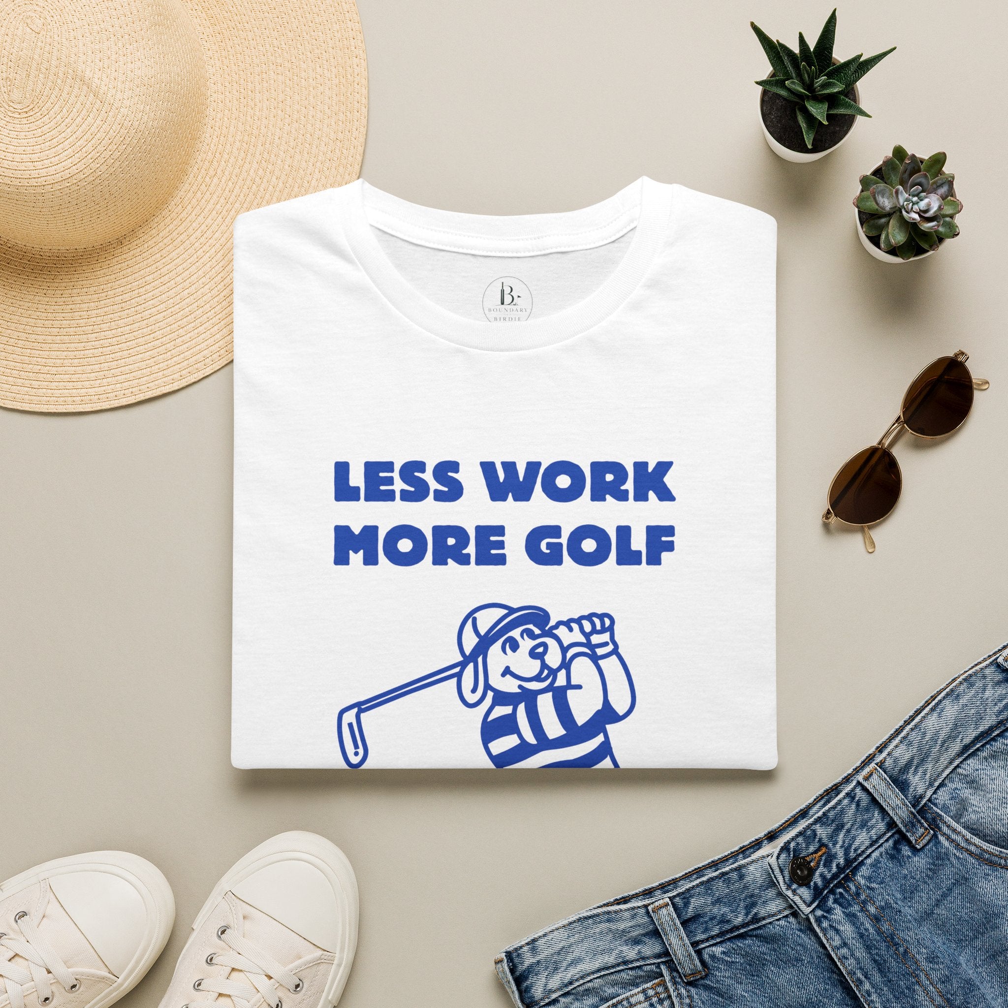 Golf T-Shirt — "Less Work More Golf" Retro Golfer Graphic Tee