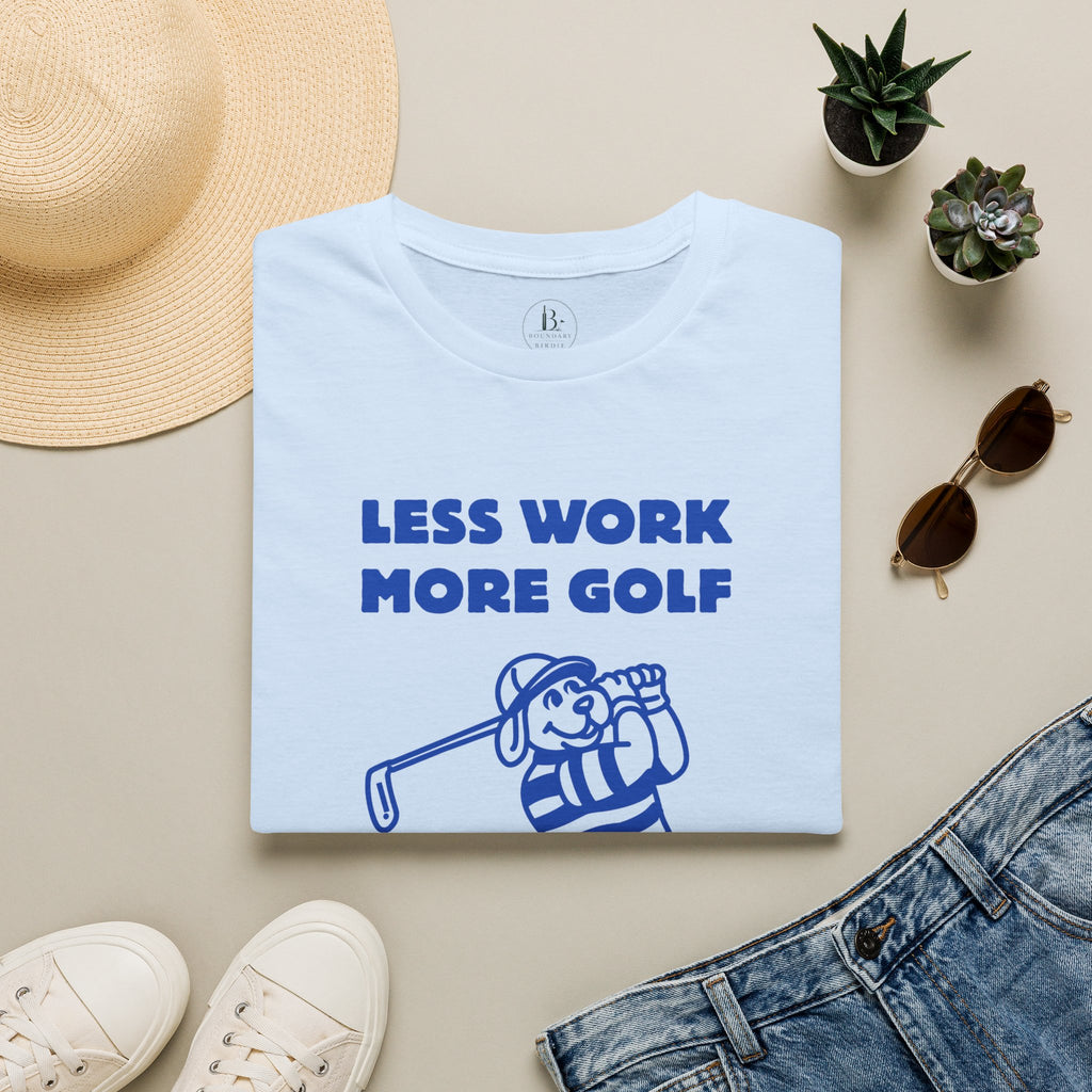 Golf T-Shirt — "Less Work More Golf" Retro Golfer Graphic Tee