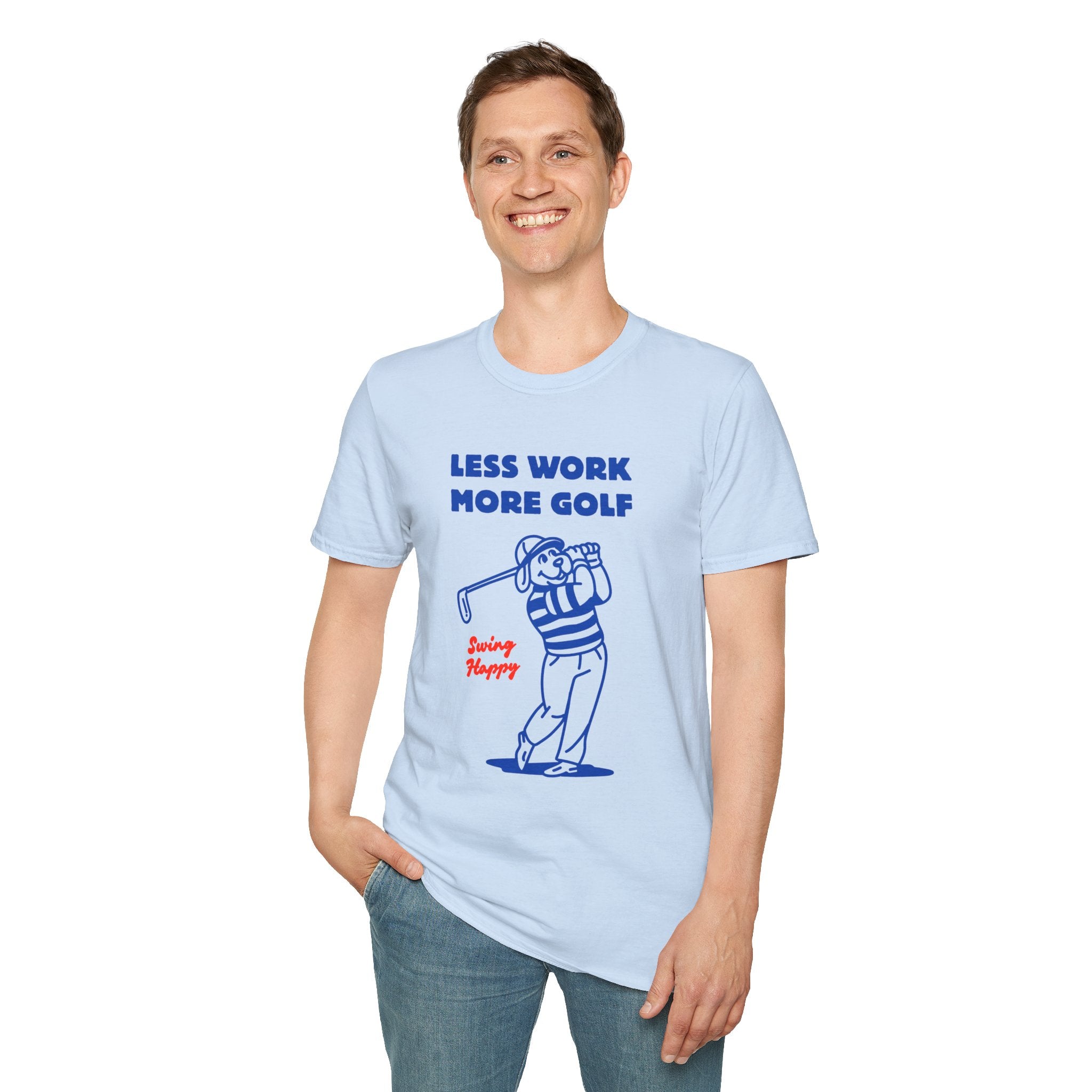 Golf T-Shirt — "Less Work More Golf" Retro Golfer Graphic Tee