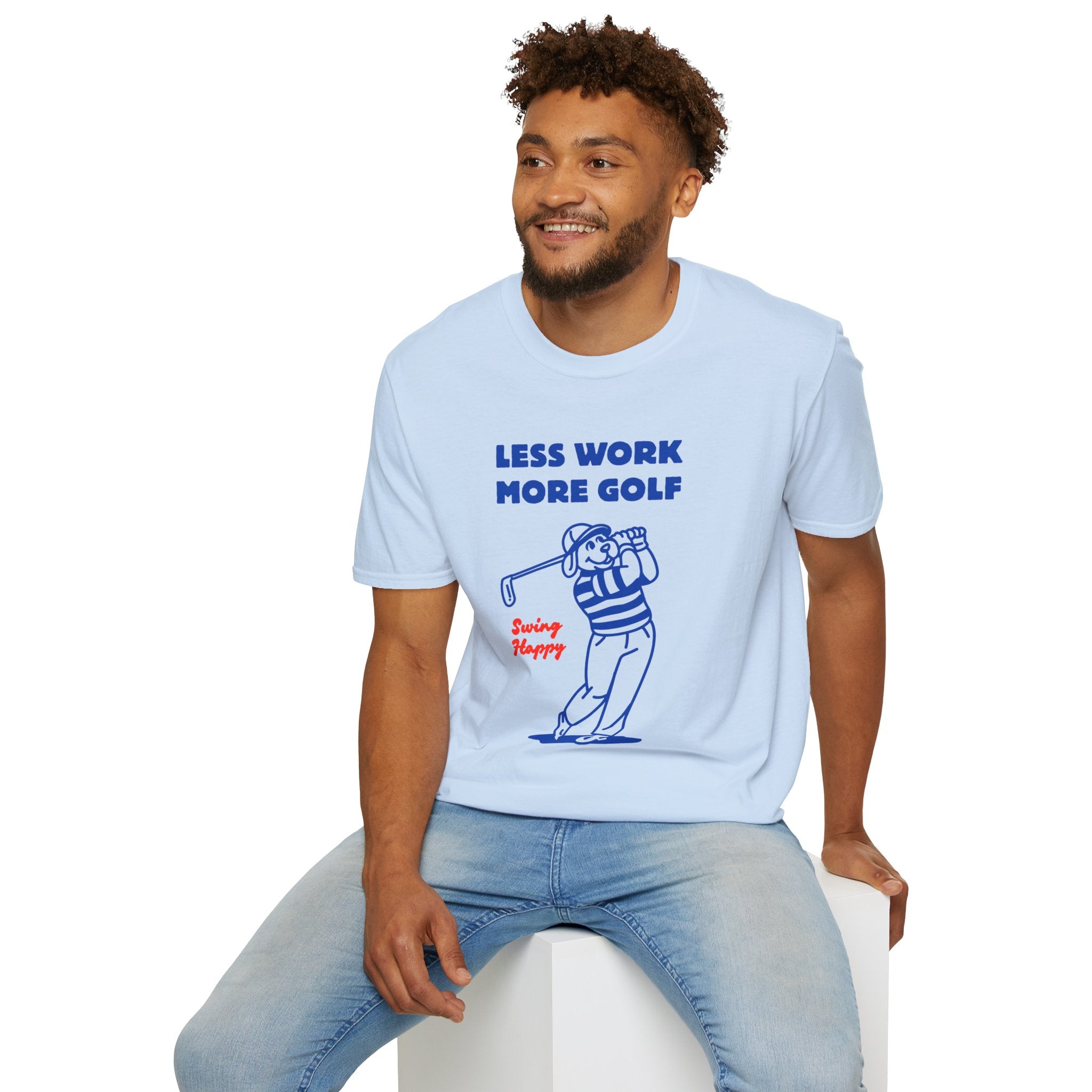 Golf T-Shirt — "Less Work More Golf" Retro Golfer Graphic Tee